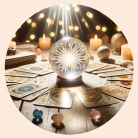 Hohtava kristallipallo tarot kortti-pöydällä